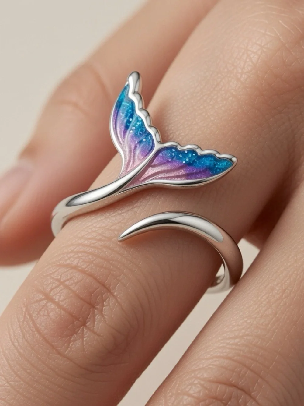 Sterling Silver Mermaid Tail Open Ring with Blue-Purple Enamel – Unknown Brand
